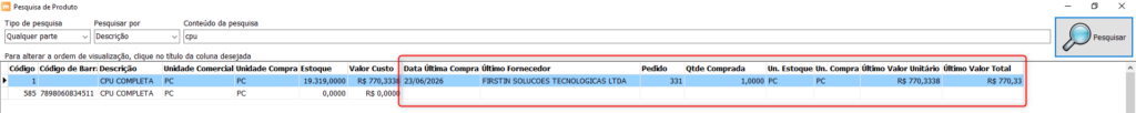 Pesquisa de Produto do ManagerPlus exibindo última compra, fornecedor, quantidade e valores de compra