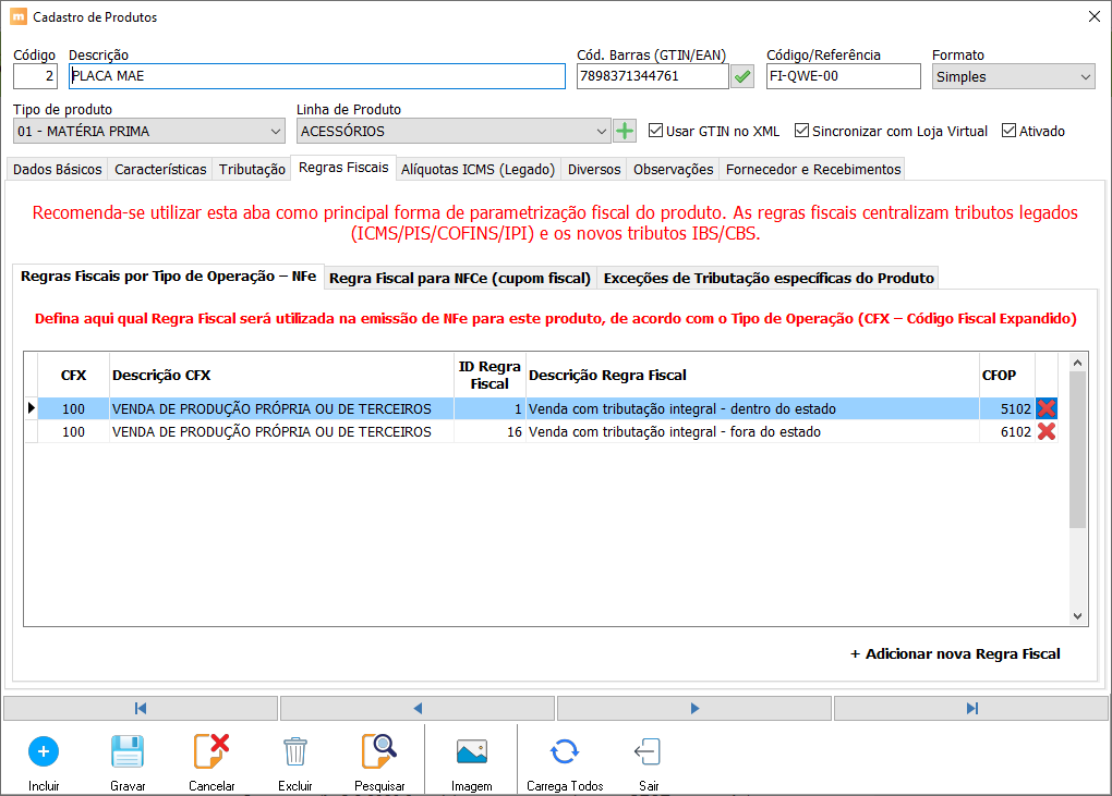 Cadastro de Produtos do ManagerPlus exibindo múltiplas Regras Fiscais vinculadas ao mesmo CFX com CFOPs diferentes