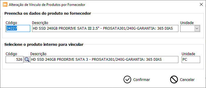 Tela de alteração de vínculo de produtos por fornecedor no ManagerPlus