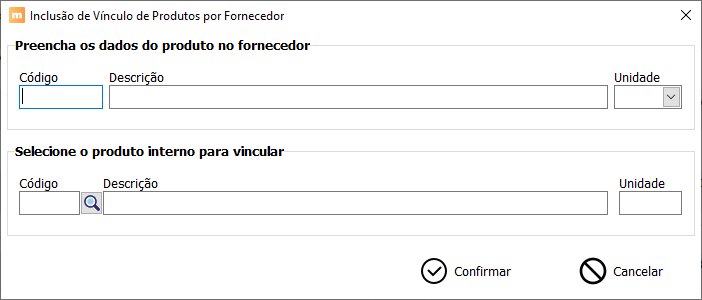 Tela de inclusão de vínculo entre produto do fornecedor e produto interno no ManagerPlus